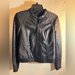 Trouve Black Quilted Bomber Jacket leather houndstooth zip up moto classic S